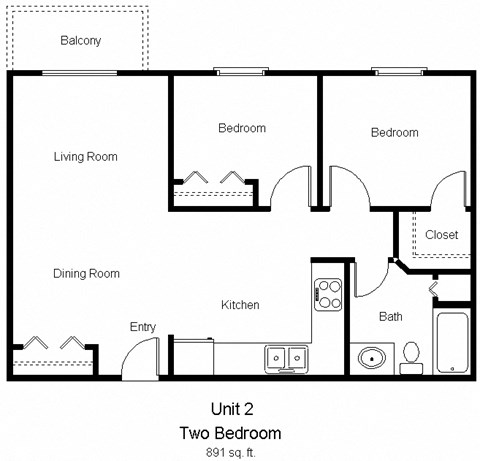 Floor plan for 2 beds, 1 bath, 891 sqft